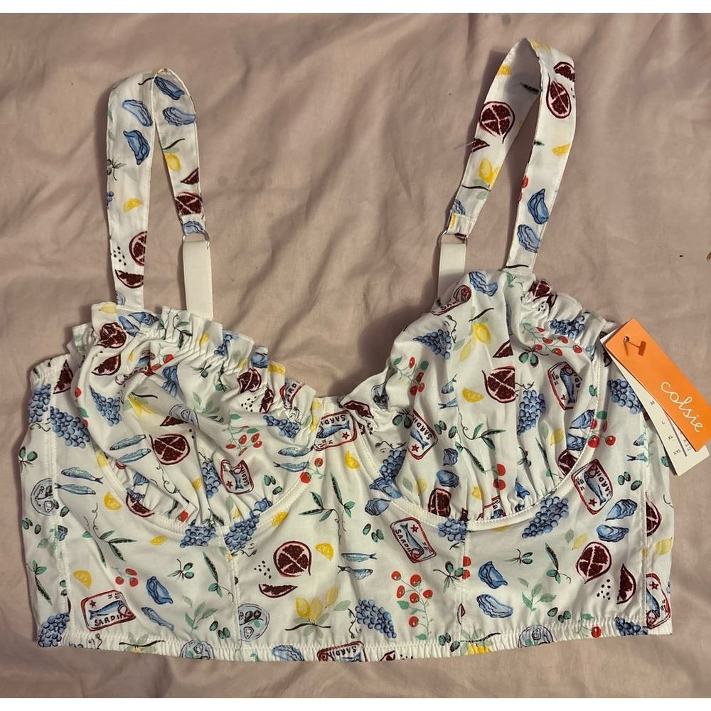 NEW Colsie White Fruit Print Woven Corset Bralette, Size XL
